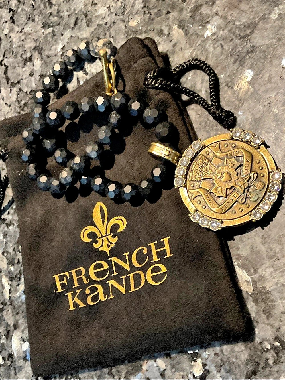 French Kande Statement Pendant Necklace Black & Gold
